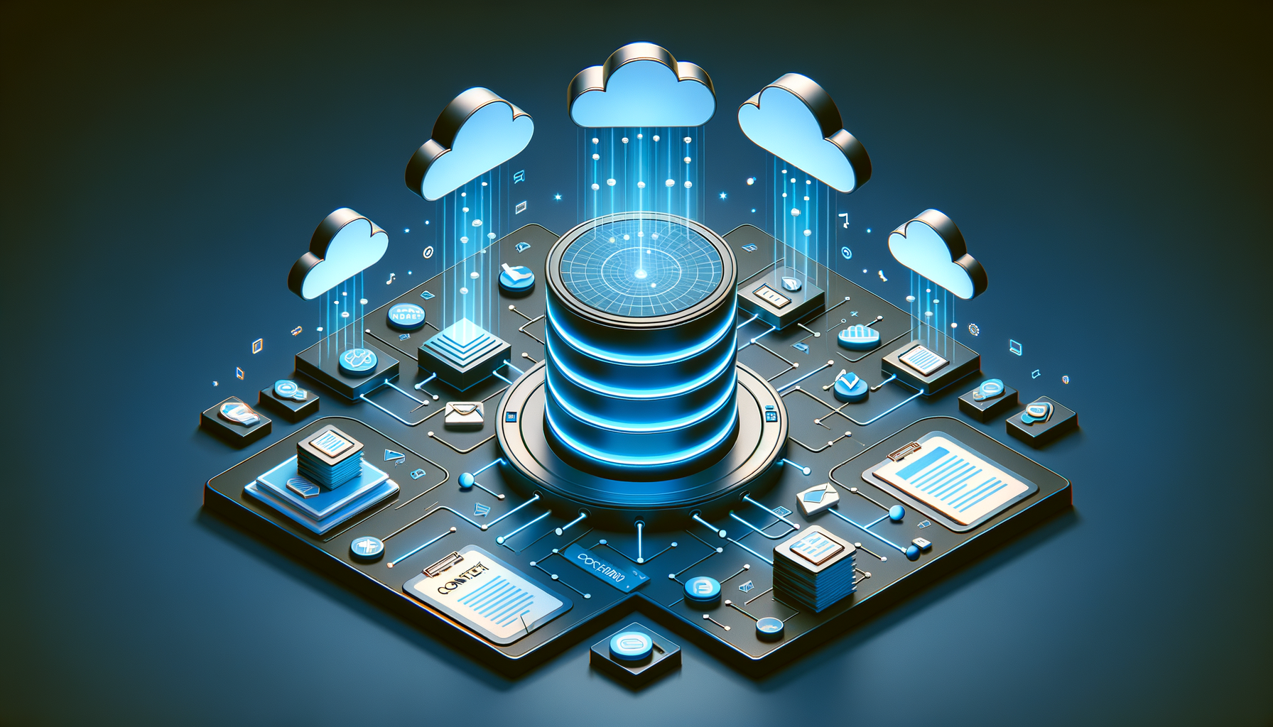 Blog CMS illustration showing content cards with author profiles connected to global cloud deployment