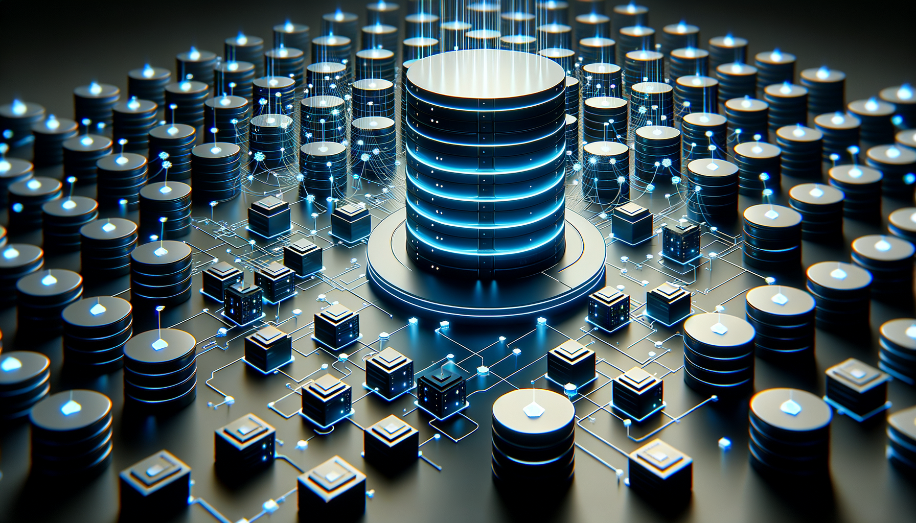 Isometric visualization of a distributed edge database with floating SQLite shards, glowing query streams, and a central compute layer on a dark slate background