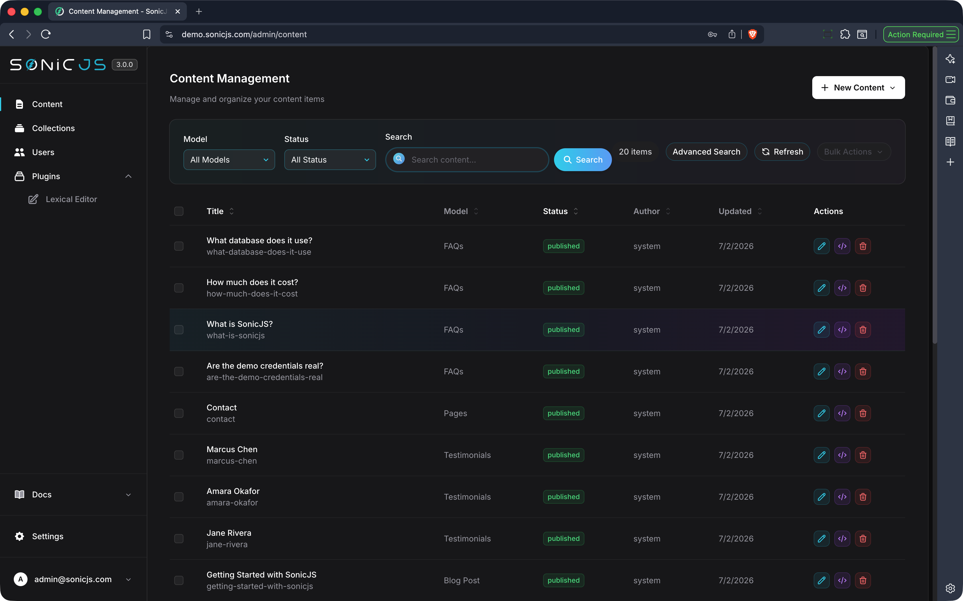 SonicJS admin content management interface